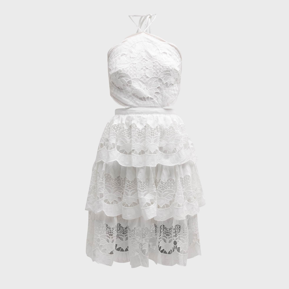 Farm rio diamond halter tie back multi tiered off white Richilier midi dress